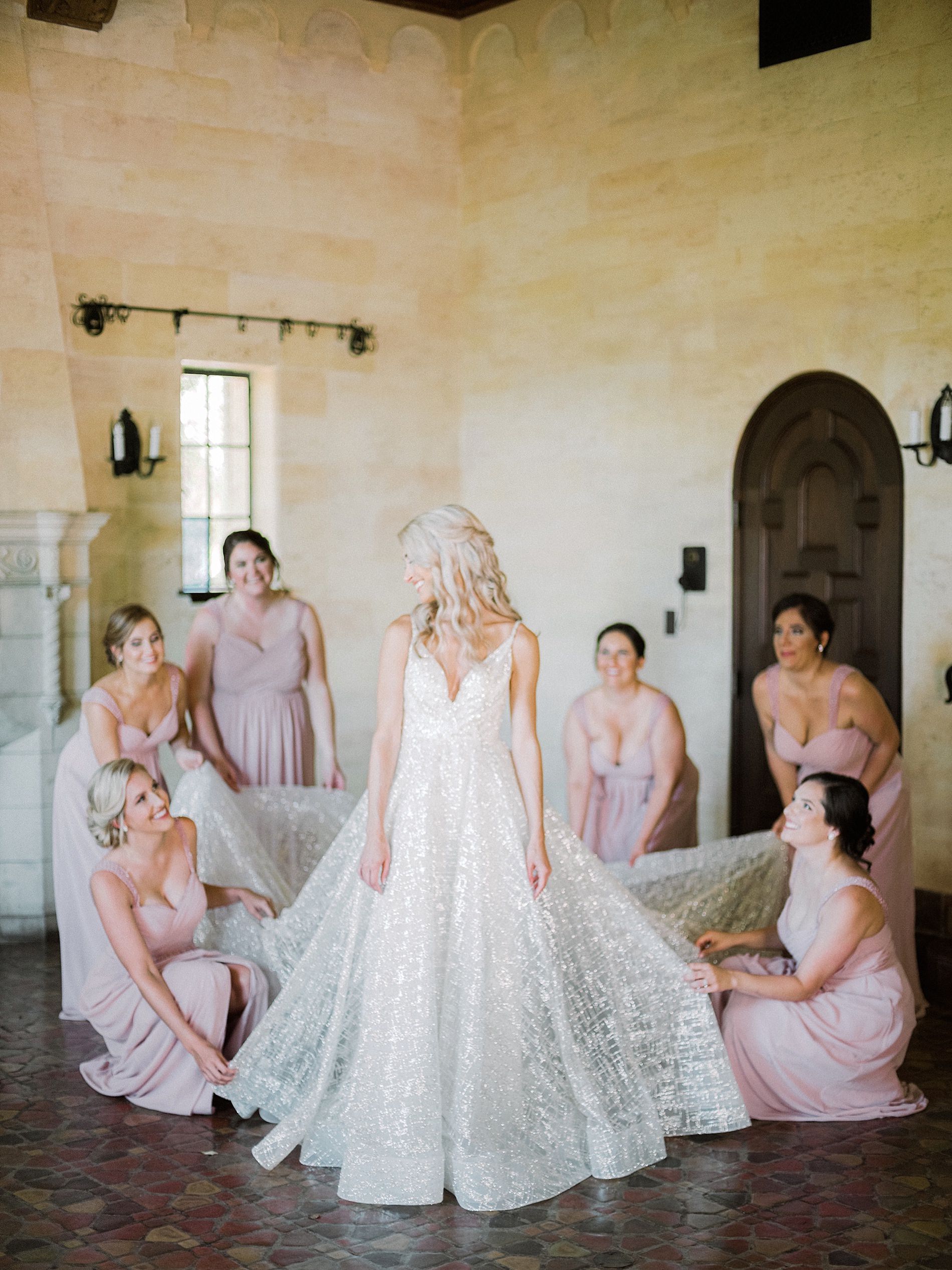 Romantic Bride in Lazaro V-Neck Ballgown Specialty Fabric Wedding Dress with Bridesmaids in Blush Pink Dresses Portrait
