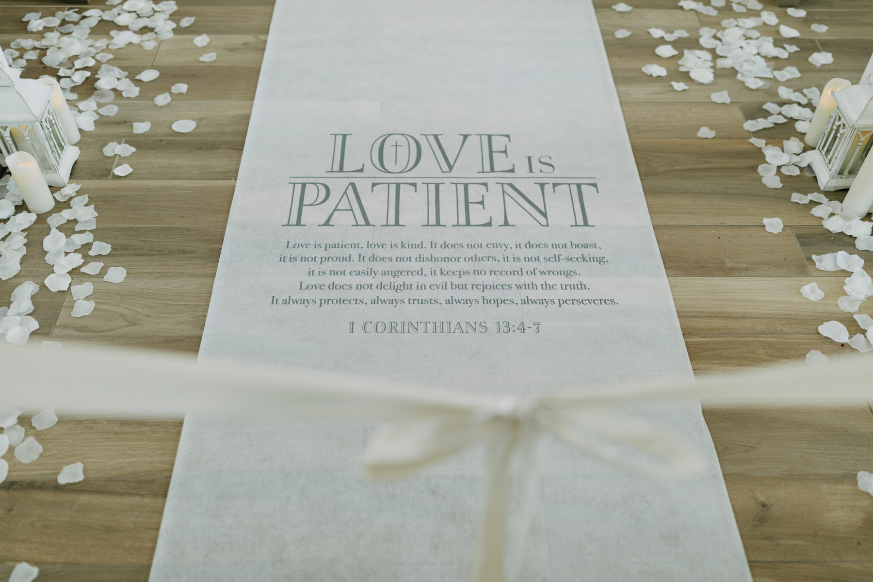 Unique Religious Love Is Patient White and Gray Church Wedding Ceremony Aisle Runner and White Rose Petals