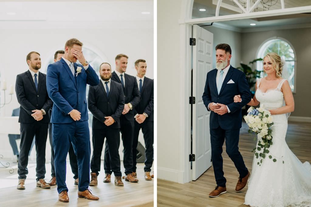 Emotional Groom Watching Bride and Father Walking Down the Church Wedding Ceremony Aisle Portrait | Safety Harbor Traditional Wedding Venue Harborside Chapel