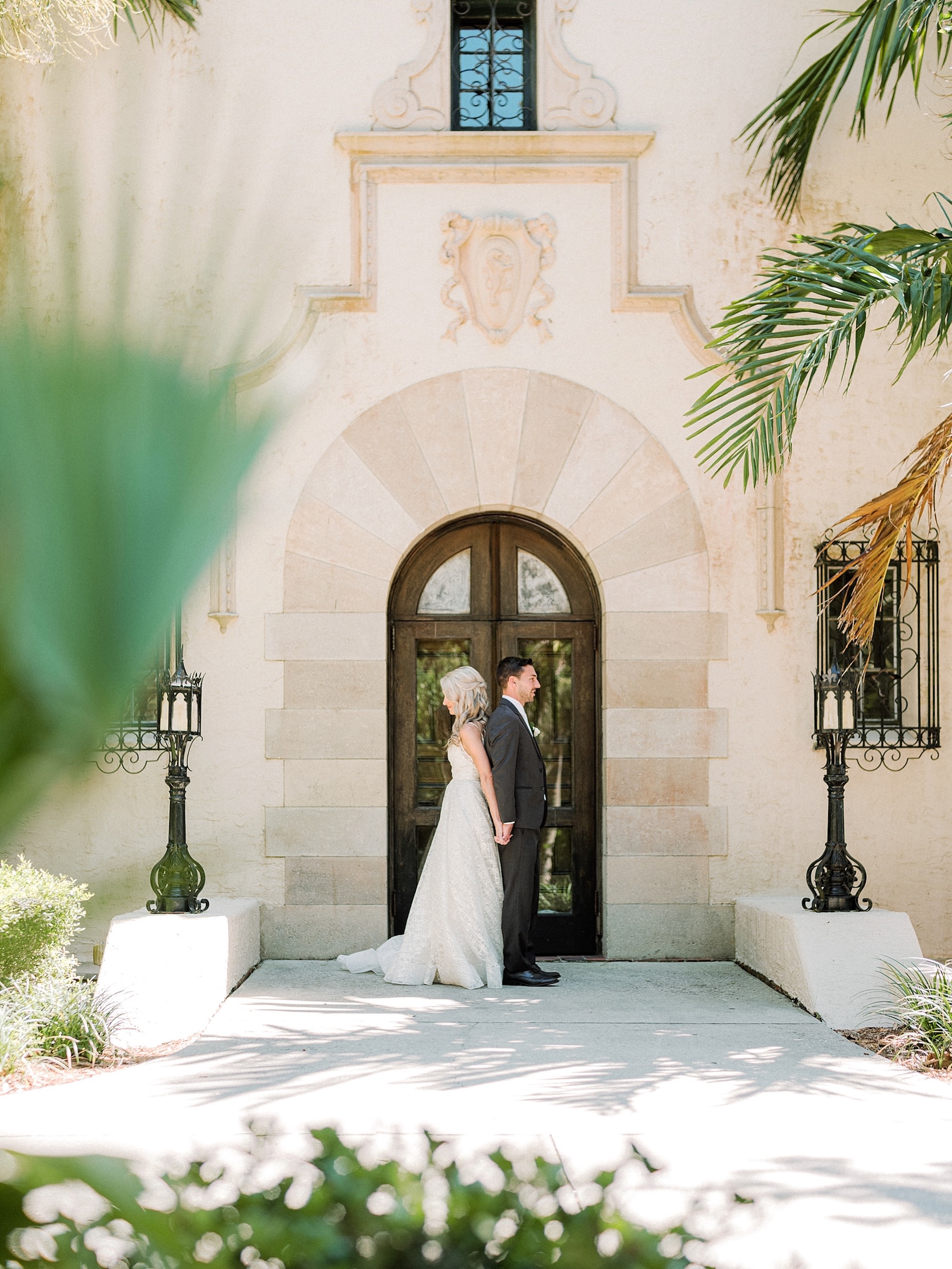 Florida Bride and Groom Back to Back First Look Wedding Portrait | Sarasota Wedding Venue Powel Crosley Estate