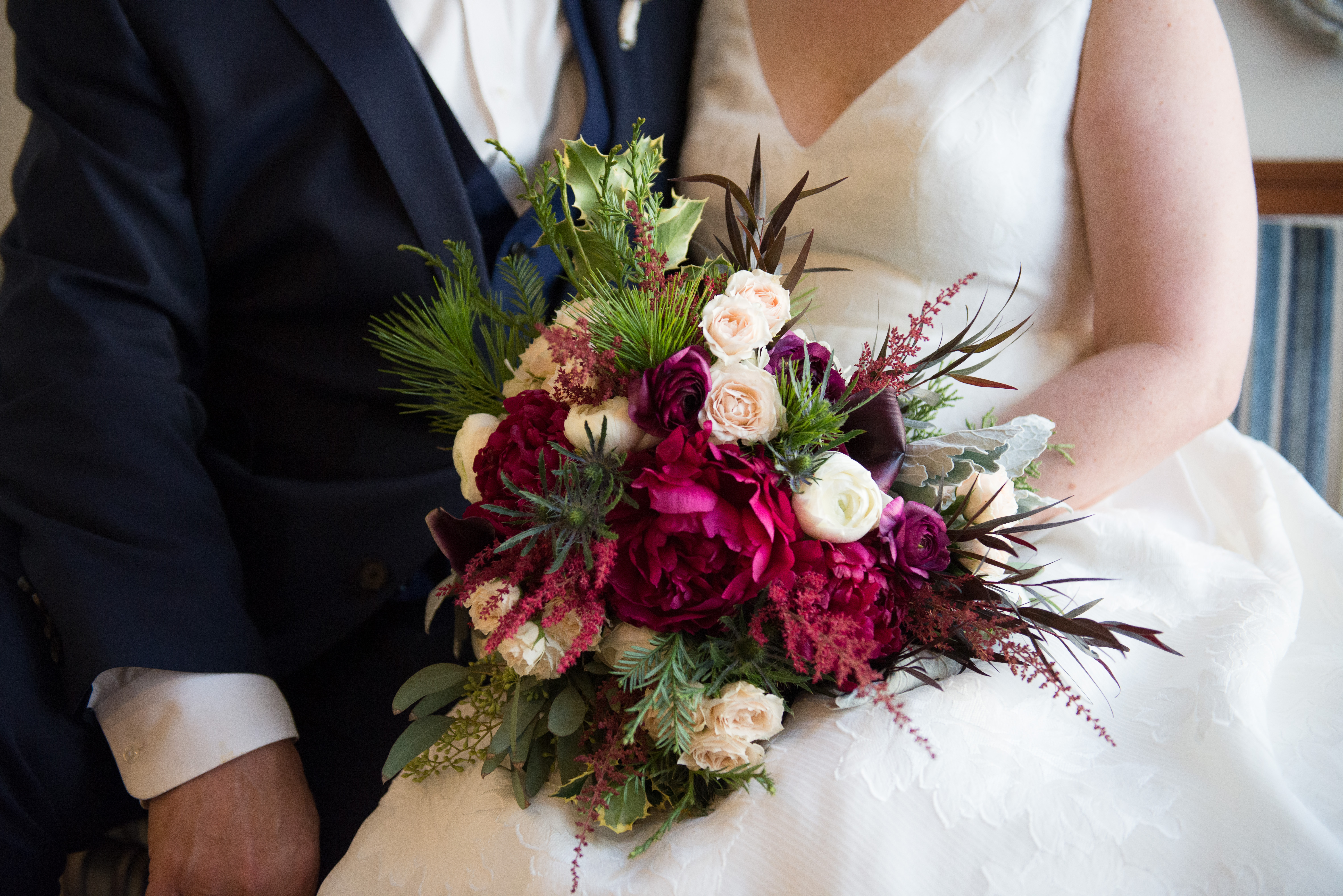Whimsical Bright Dark Pink Peony, White and Blush Pink Roses, Greenery and Dusty Miller Bridal Bouquet | Tampa Bay Wedding Photographer Carrie Wildes Photography