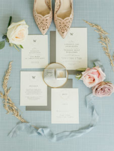 Elegant Bridal Details Shot, Wedding Invitation Suite with Monogram, Dusty Blue The Mrs. Ring Box with Diamond Engagement Ring and Wedding Band, Dusty Rise Gold Shoes | Tampa Bay Wedding Planner Elegant Affairs by Design