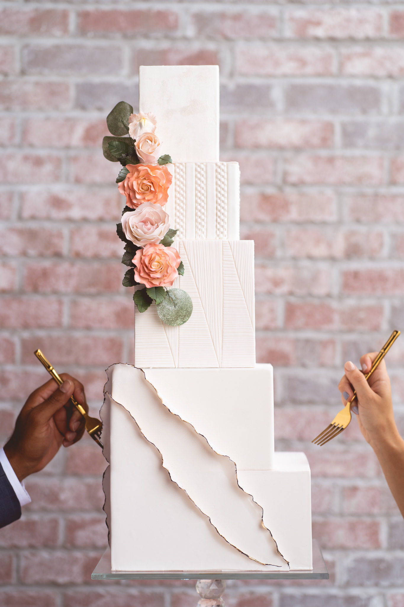 Five Tiered Square Artistic Wedding Cake with Textured Design and Sugar Flower Accents by Tampa Wedding Bakery The Artistic Whisk