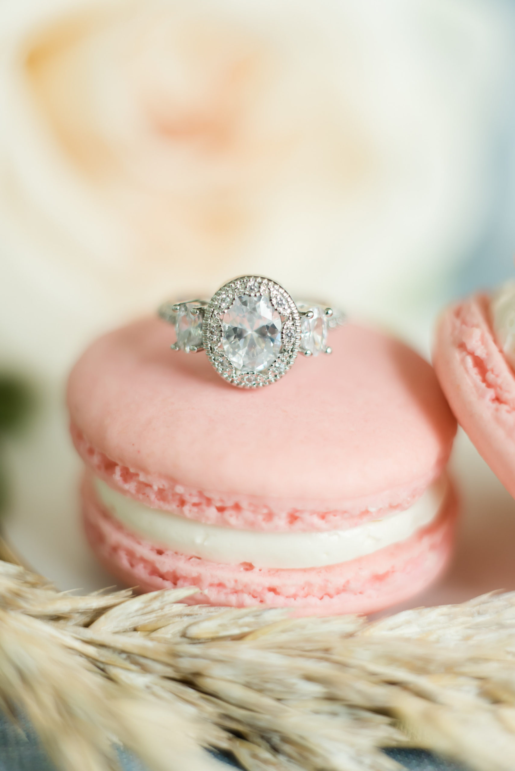 Oval Diamond Engagement Ring Sitting on Dusty Rose Macroon | Tampa Bay Wedding Planner Elegant Affairs By Design