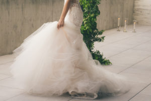 Florida Bride in Luxurious Couture Inspired Wedding Dress, White Fit and Flare Wedding Dress with Bustled Full Tulle Skirt and Lace Detailing | Tampa Bay Luxury Bridal Boutique Isabel O'Neil Bridal Collection | Hyde Park Tampa Unique Wedding Venue Hyde House