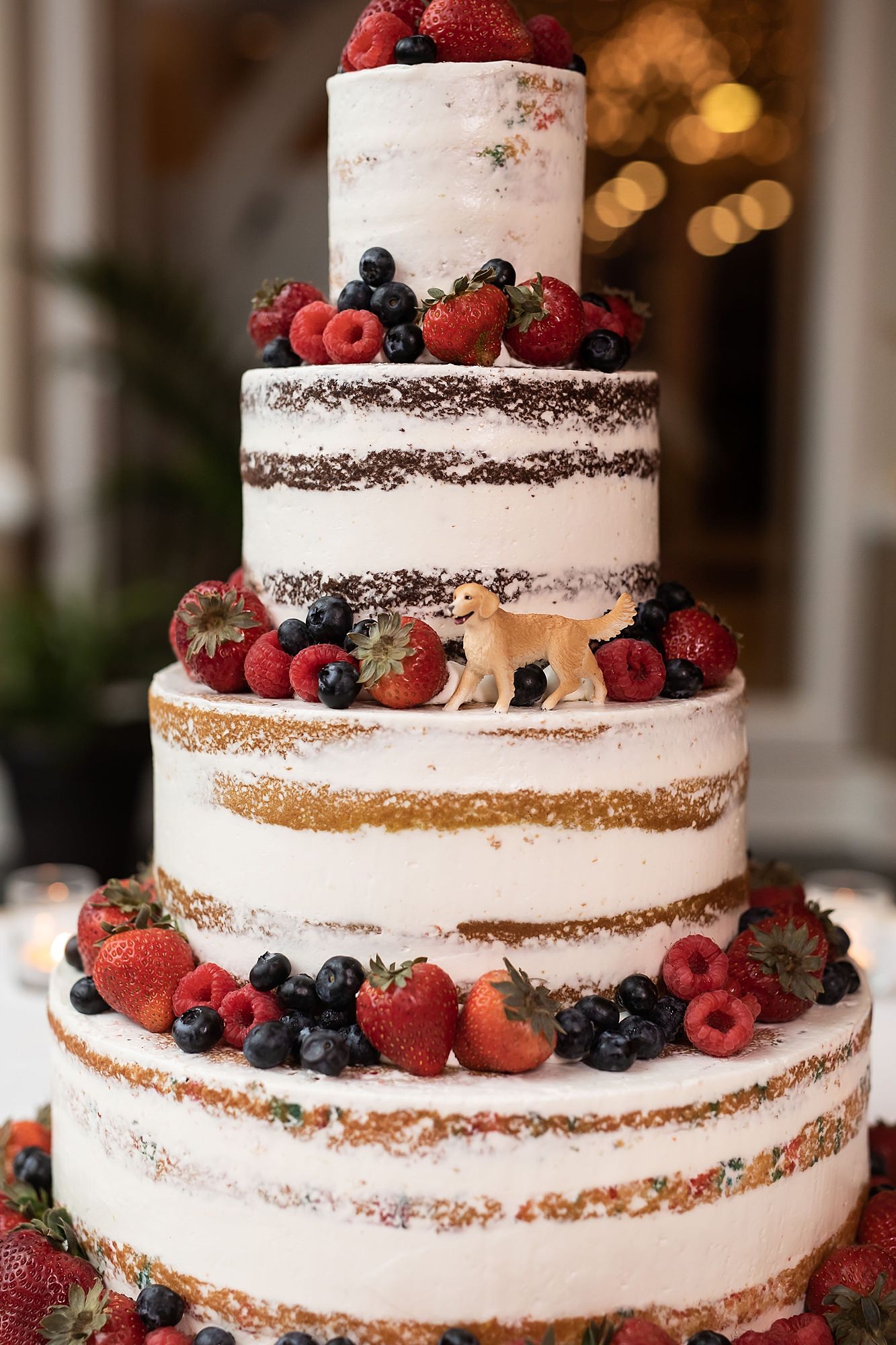 Boho Rustic Four Tier Round Semi Naked Wedding Cake with Fresh Fruit and Berries and Dog Cake Topper