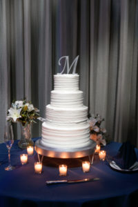 Simple Classic White Four Tier Wedding Cake with Silver Initial Cake Topper | Tampa Bay Wedding Photographer Carrie Wildes Photography | Wedding Planner Love Lee Lane