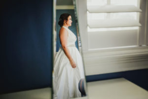 Florida Bride Getting Ready, Wearing Elegant Romona Keveza Wedding Dress, White Halter Top Style Dress