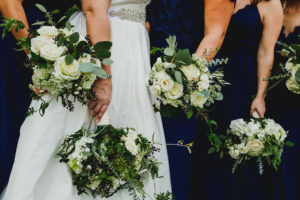 Elegant Wedding Bouquet with Ivory Roses, White Hydrangeas, Navy Floral Accents, Eucalyptus Leaves and Greenery | Tampa Bay Luxury Wedding Planner Coastal Coordinating