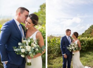 Sarasota Beach Bride and Groom Wedding Portrait | White Wedding Bouquet with Greenery