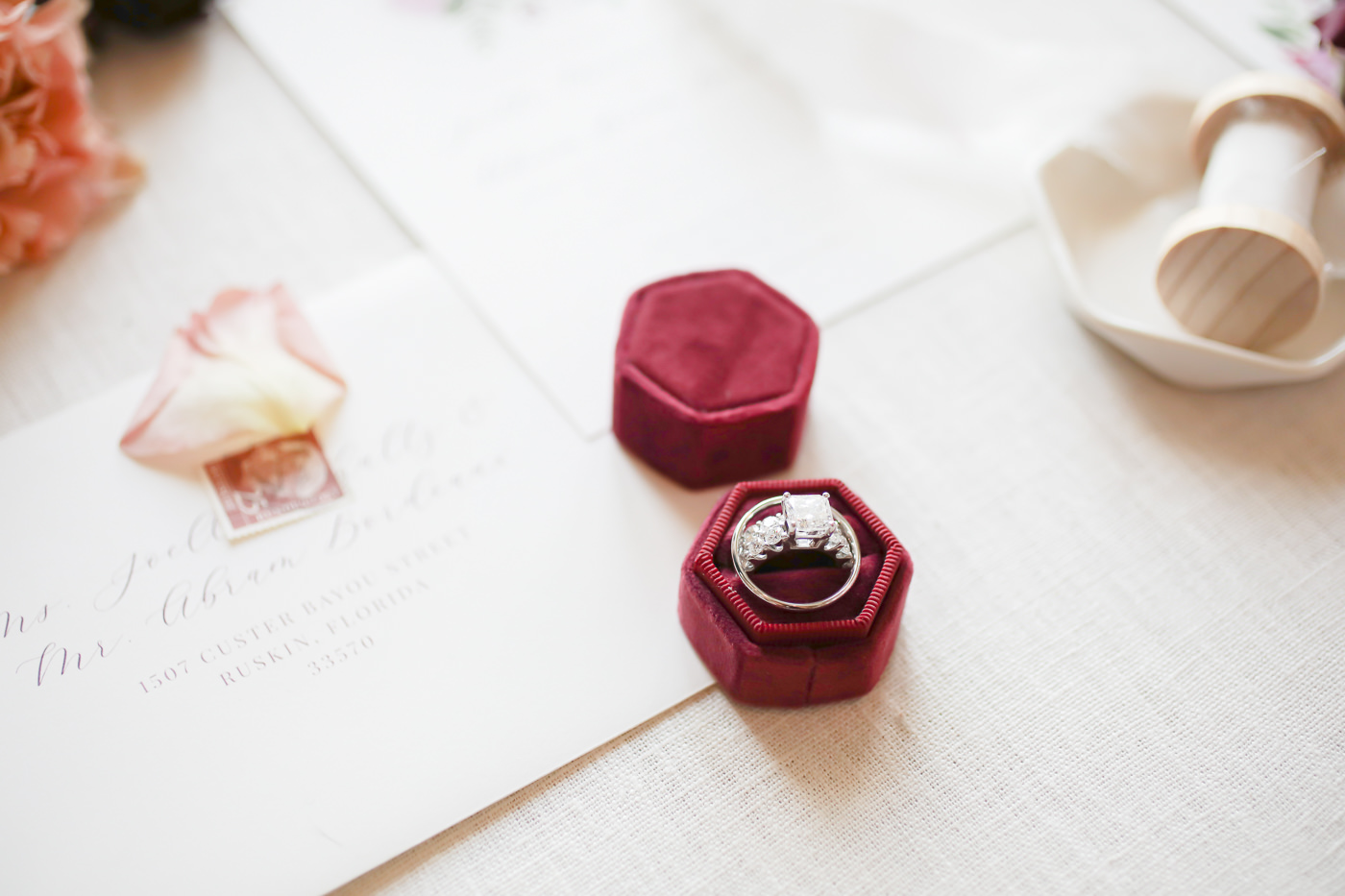 Wine Red Hexagonal Velvet Ring Box with Cushion Cut Diamond Engagement Ring | Wedding Photographer Lifelong Photography Studios | Tampa Bay Wedding Planner Blue Skies Weddings and Events