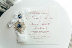 Classic Elegant White and Red Script Wedding Invitation, White Lace with Rhinestone and Blue Gems Bridal Garter | Tampa Bay Wedding Stationery URBANcoast