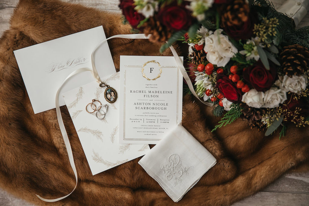 Classic Traditional White Gold Wedding Invitation Suite with Christmas Inspired Bridal Wedding Bouquet