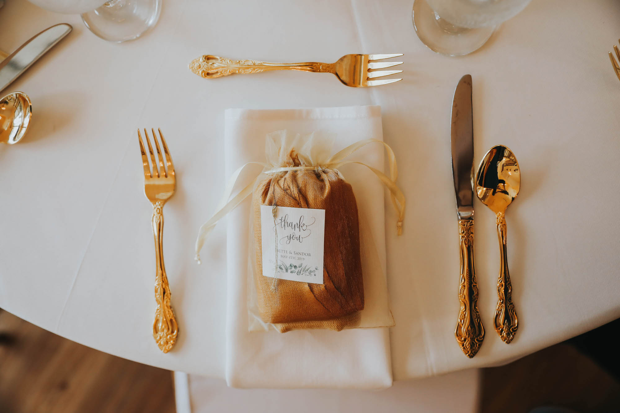 Elegant, Classic Inspired Wedding Decor at Reception, Thank You Gift at Place Seating, Gold Flatware | Tampa Bay Wedding Decor and Rentals Outside The Box Event Rentals