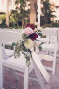 Simple Classic Wedding Ceremony Chair Decor, Blush Pink Roses, Ivory and Burgundy Flowers with Eucalyptus Leaves Arrangements | Wedding Photographer Luxe Light Images