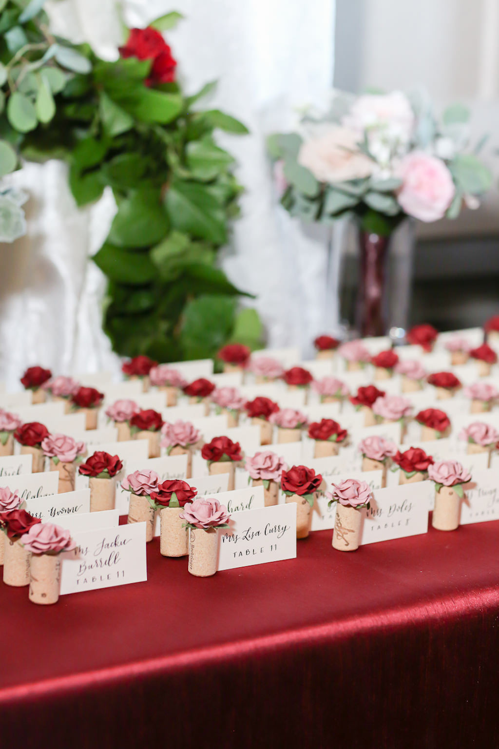 Wine Corks with Dusty Rose and Red Roses Seating Cards | Wedding Photographer Lifelong Photography Studios | Tampa Bay Wedding Planner Blue Skies Weddings and Events