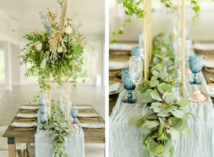 Dusty Rose Styled Wedding Shoot, Antique Off White Ivory Cushion Chairs, Wood Table with Tall Gold Frame Stands, Greenery, Blush Pink and White Roses, and Feather Floral Arrangements, Blue Wine Glasses, White Fabric and Eucalyptus Garland Table Runner | Tampa Bay Wedding Planner Elegant Affairs by Design | Odessa Rustic Waterfront Wedding Venue Barn at Crescent Lake