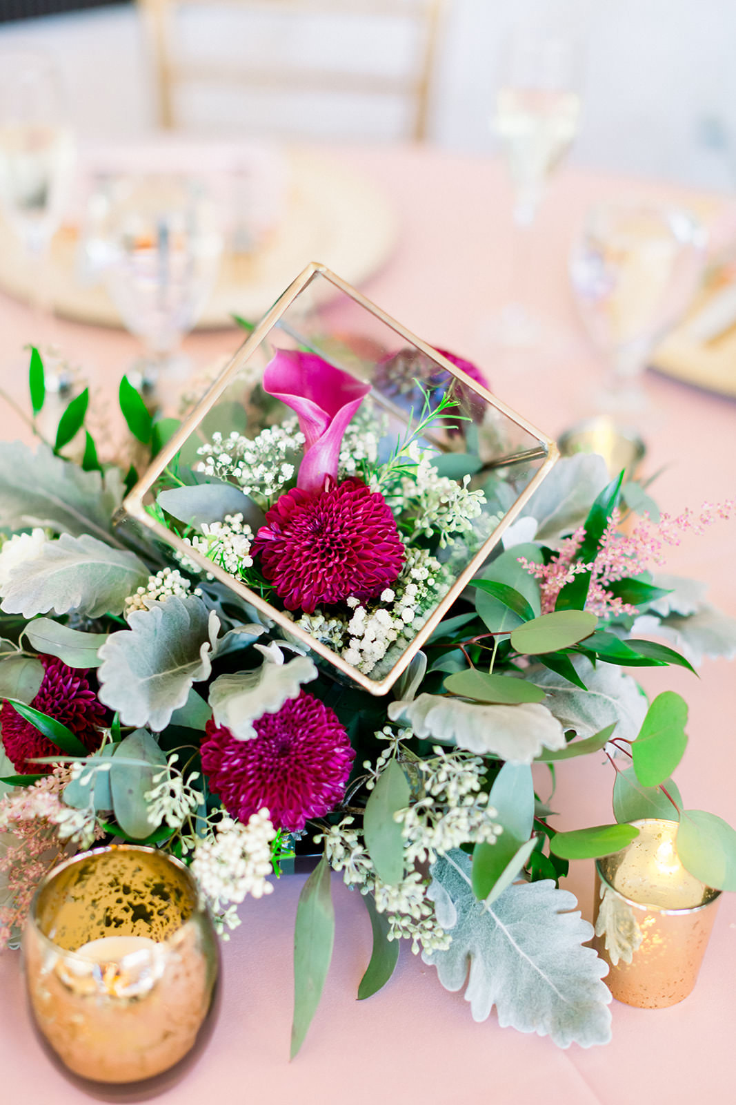 Rustic Elegant Wedding Reception Decor, Gold Lantern with Greenery, Maroon Dahlias Floral Arrangement Centerpiece | Tampa Bay Wedding Photographer Shauna and Jordon Photography