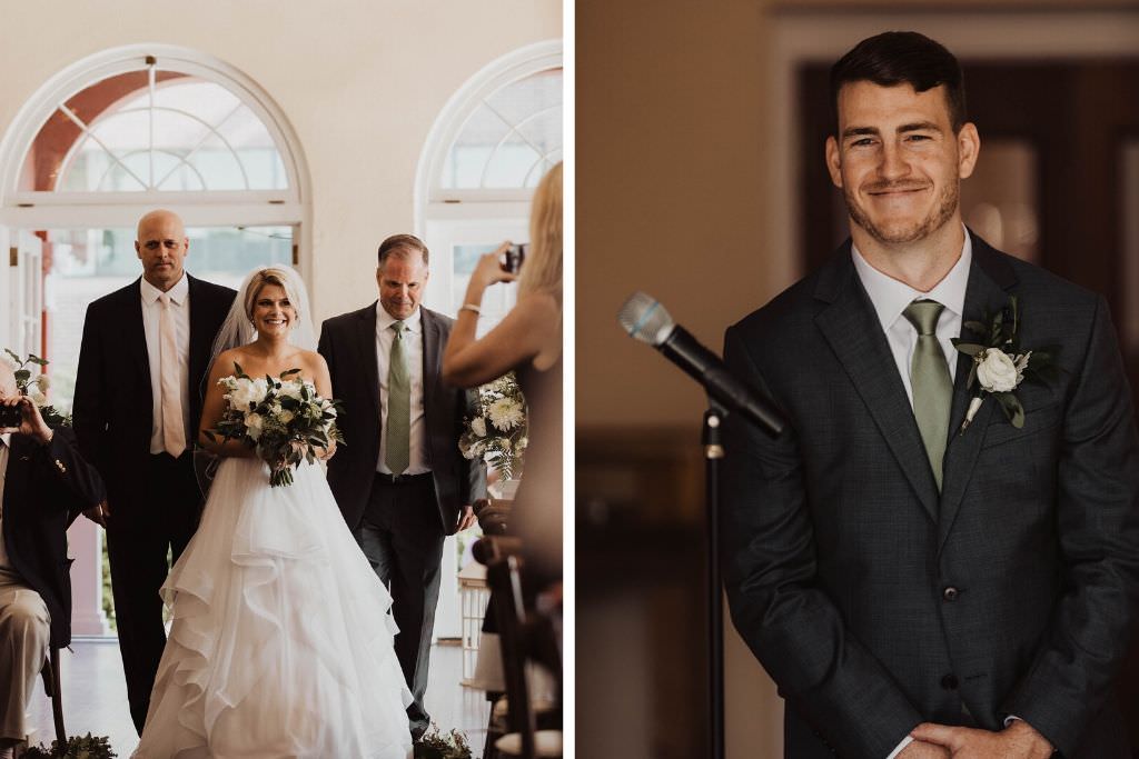 Classic Happy Tampa Bay Bride Processional Walking Down the Wedding Ceremony Aisle Holding Garden Inspired White Roses and Greenery Eucalyptus Floral Bouquet, Groom's Happy Reaction to Seeing Bride in Sage Green Tie and White Rose Boutonniere