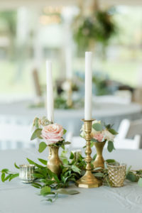 Dusty Rose Styled Wedding Shoot, Gold Antique Candlesticks, Low Gold Flower Vases with Blush Pink Roses, Greenery Leaf Centerpiece | Tampa Bay Wedding Planner Elegant Affairs by Design