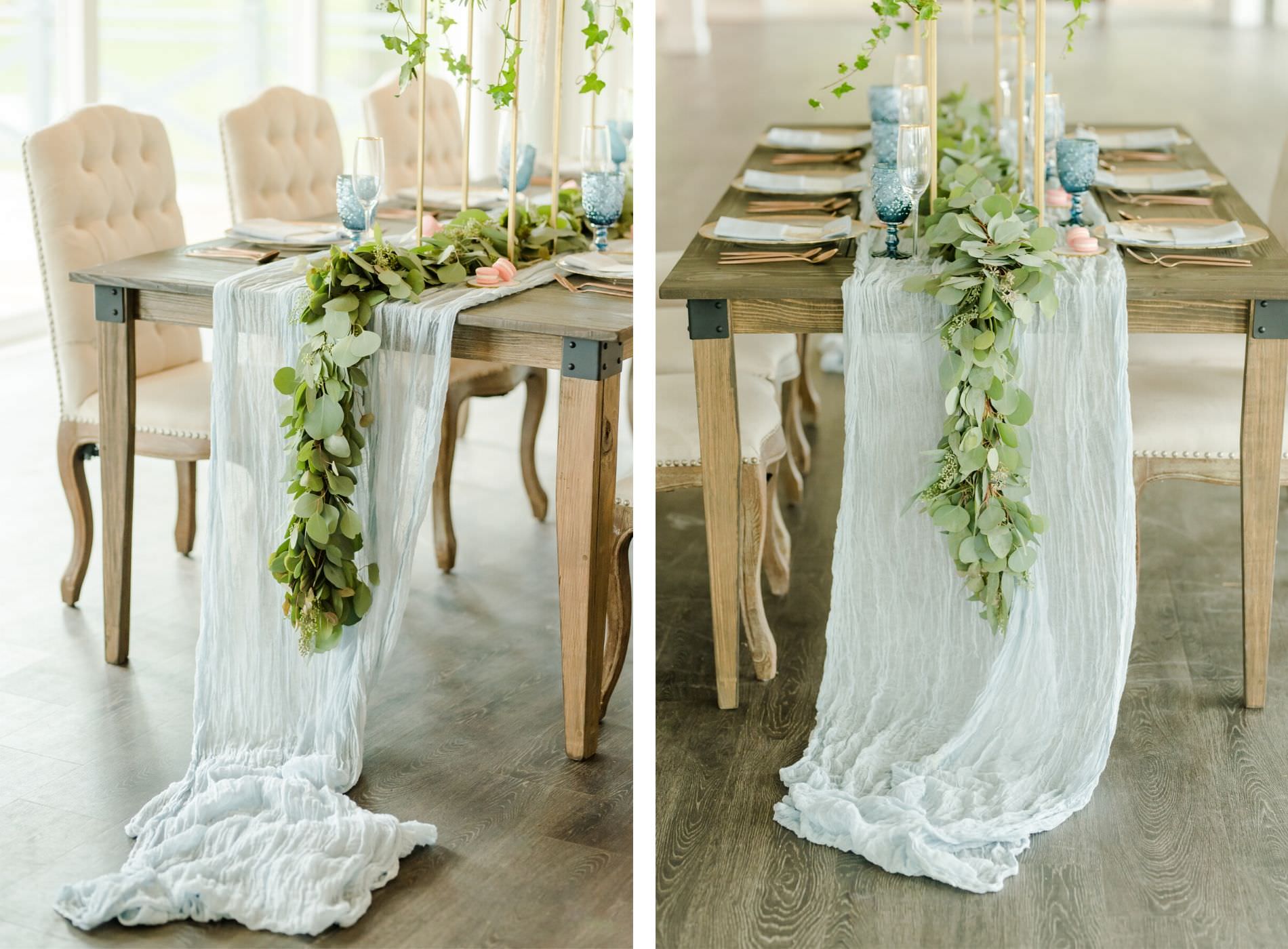 Dusty Rose Styled Wedding Shoot, Antique Off White Ivory Cushion Chairs, Wood Table with Tall Gold Frame Stands, Greenery, Blush Pink and White Roses, and Feather Floral Arrangements, Blue Wine Glasses, White Fabric and Eucalyptus Garland Table Runner | Tampa Bay Wedding Planner Elegant Affairs by Design | Odessa Rustic Waterfront Wedding Venue Barn at Crescent Lake