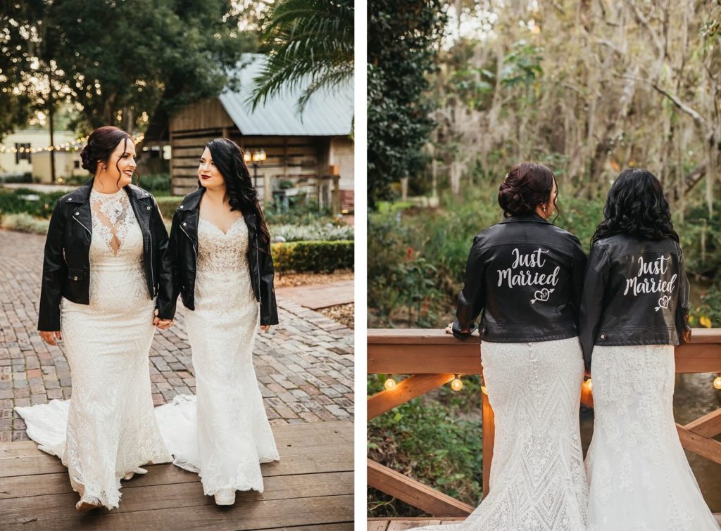 Bride and Bride Portraits| Lace Bridal Gown Dress with Custom Leather Jacket Just Married | Florida Same Sex Wedding LGBTQ