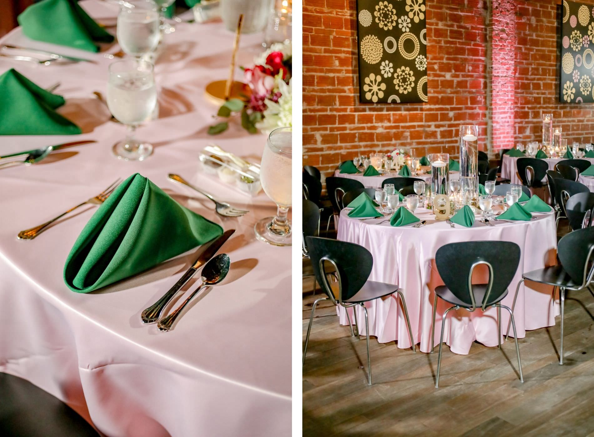 St. Patrick's Day Inspired Wedding Decor at Reception, Round Tables with Dusty Rose, Blush Pink Linens, Emerald Green Napkins | Florida Wedding Photographer Lifelong Photography Studios | Tampa Bay Unique Wedding Venue NOVA 535 in Downtown St. Pete