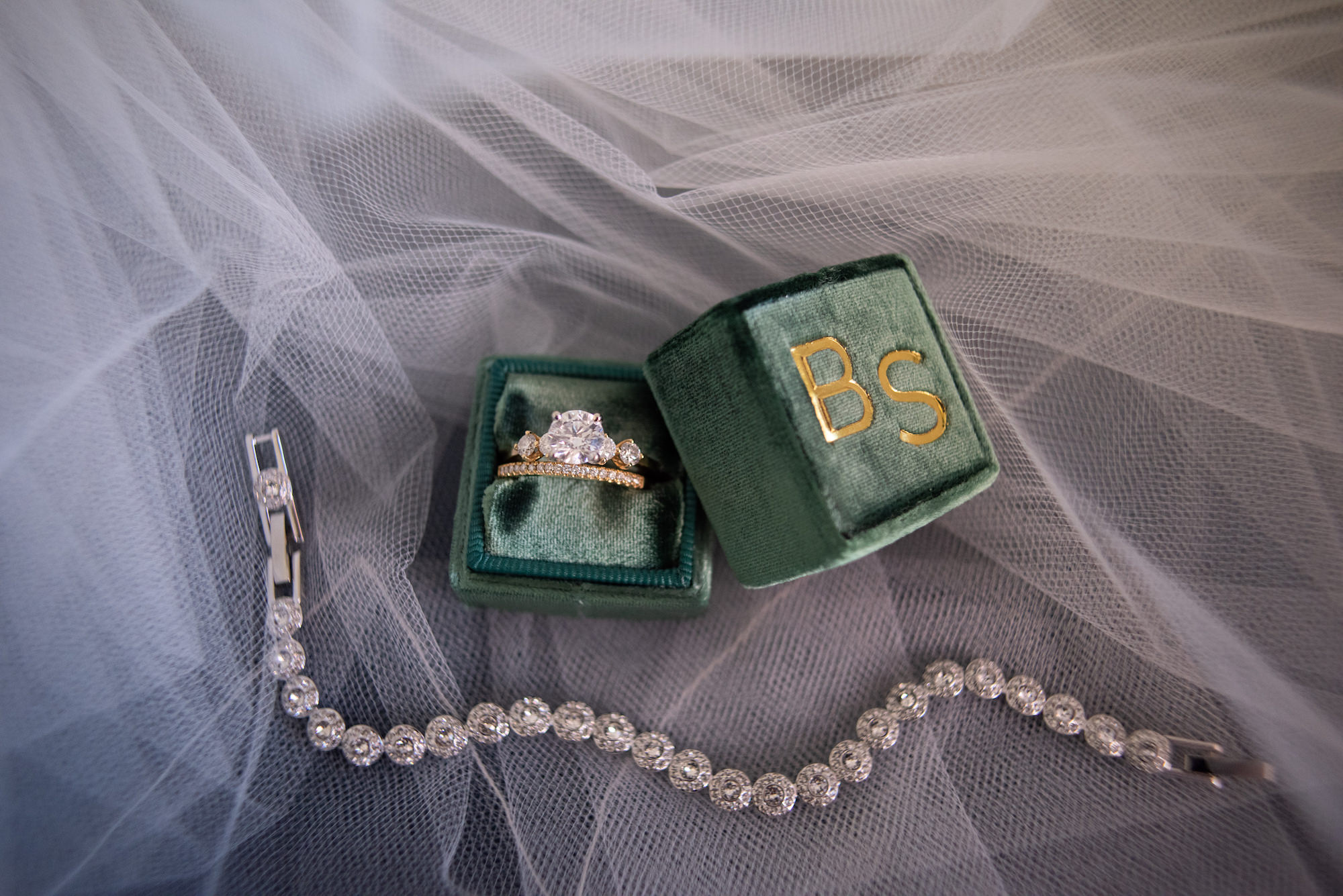Round Diamond Engagement Ring and Bride Wedding Band in Velvet Gold Monogram Green Ring Box, Diamond Tennis Bracelet