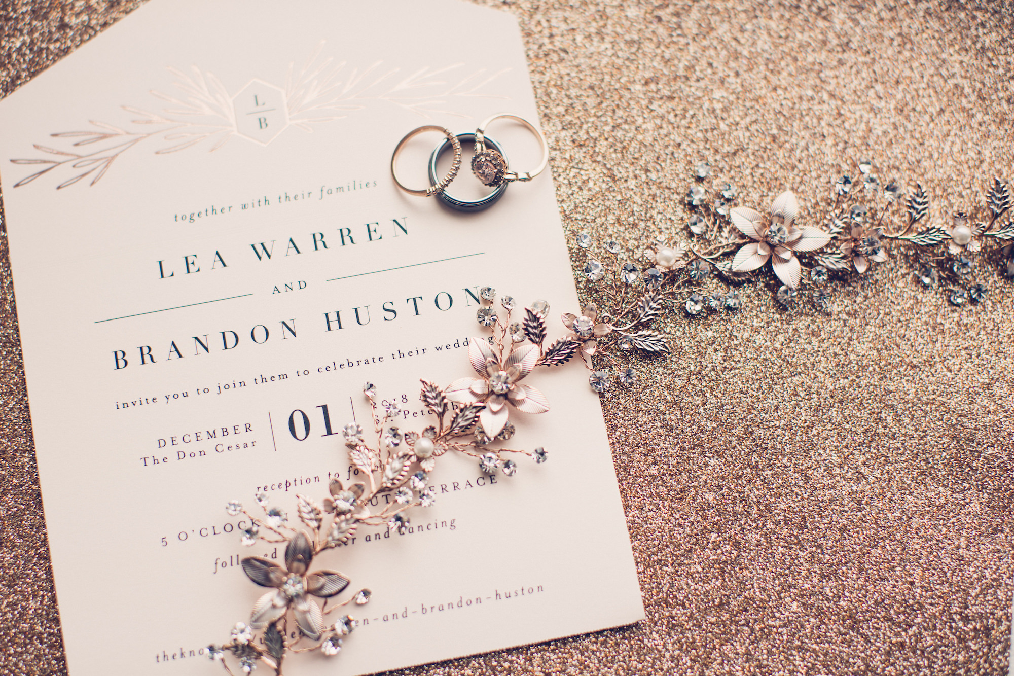 Elegant Rose Gold Foil Wedding Invitation, Wedding Rings and Engagement Ring, Rhinestone, Pearl and Rose Gold Beaded Bride Headband | Wedding Photographer Luxe Light Images
