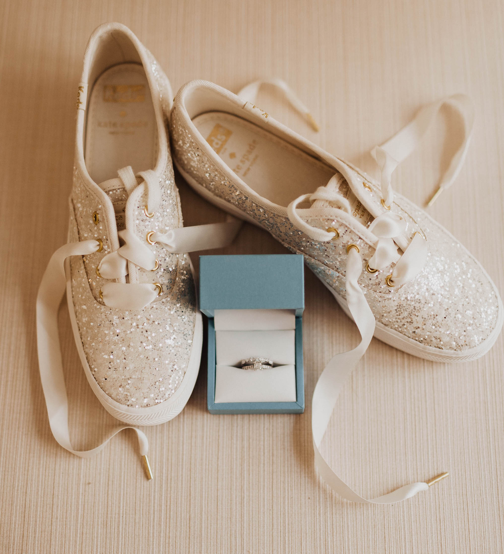 Kate Spade Ivory Glitter Sneaker Wedding Shoes, Engagement Ring in Dusty Blue Ring Box