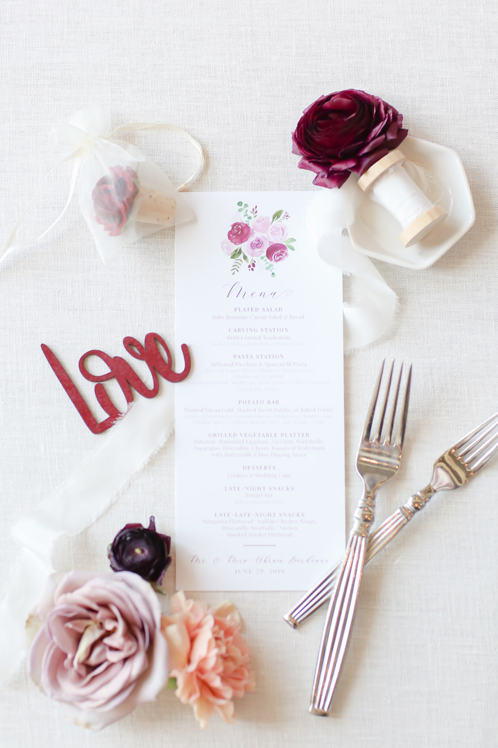 White and Dusty Rose, Wine Watercolor Roses Wedding Menu | Wedding Photographer Lifelong Photography Studios | Tampa Bay Wedding Planner Blue Skies Weddings and Events