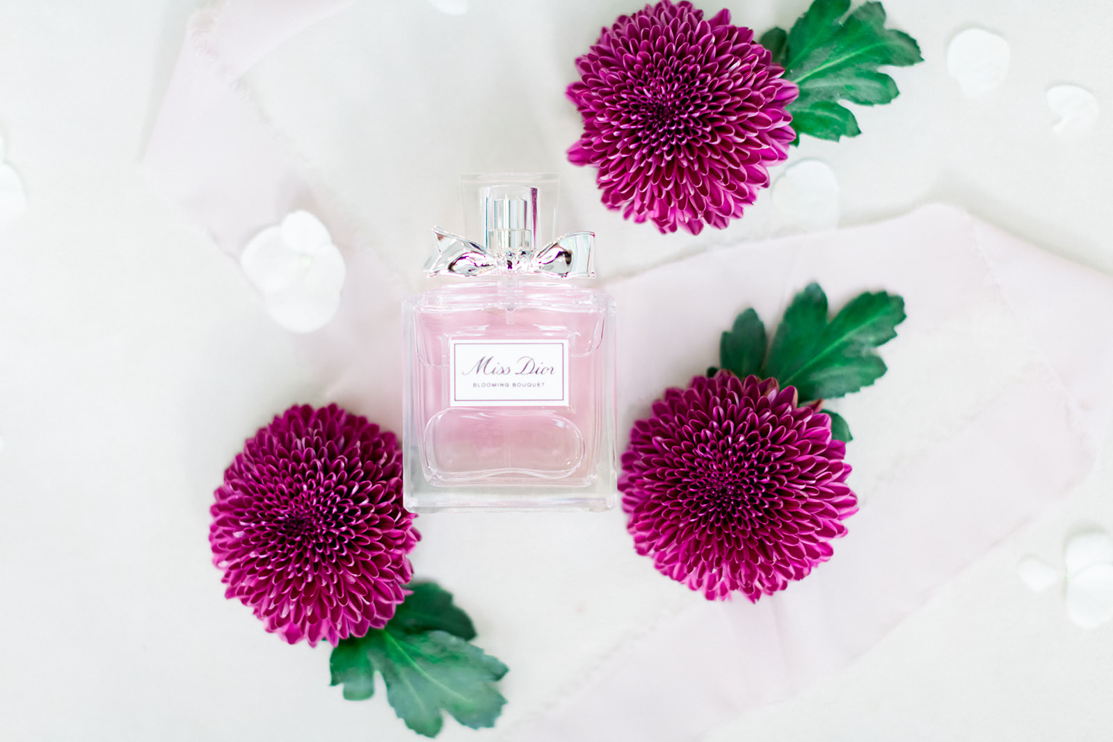 Purple Dahlia Flowers and Miss Dior Perfume Bottle | Tampa Bay Wedding Photographer Shauna and Jordon Photography