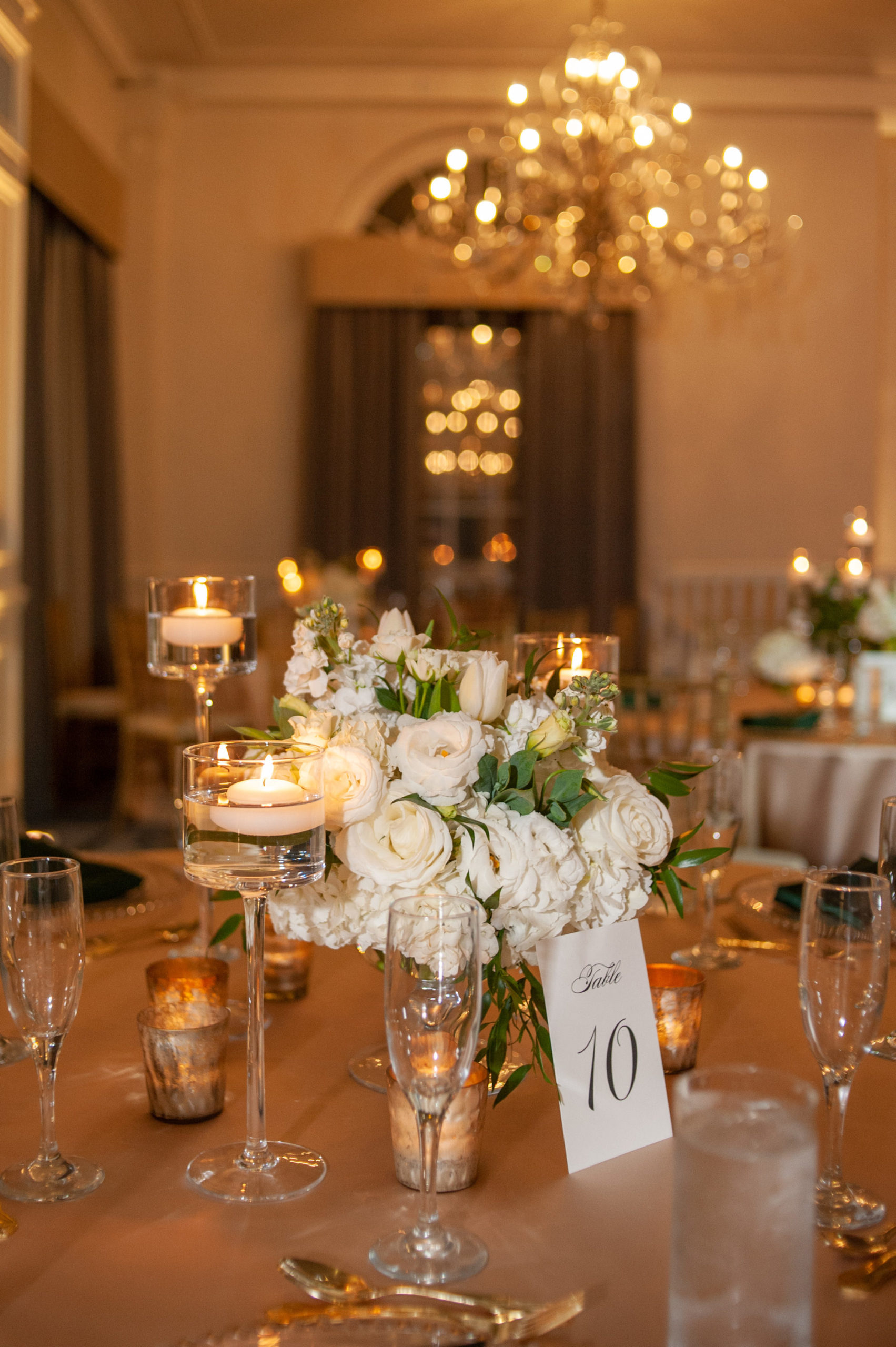 Classic Wedding Reception Decor, White Roses and Hydrangeas Low Floral Centerpiece, High Low Floating Candles | Tampa Bay Wedding Planner UNIQUE Weddings + Events