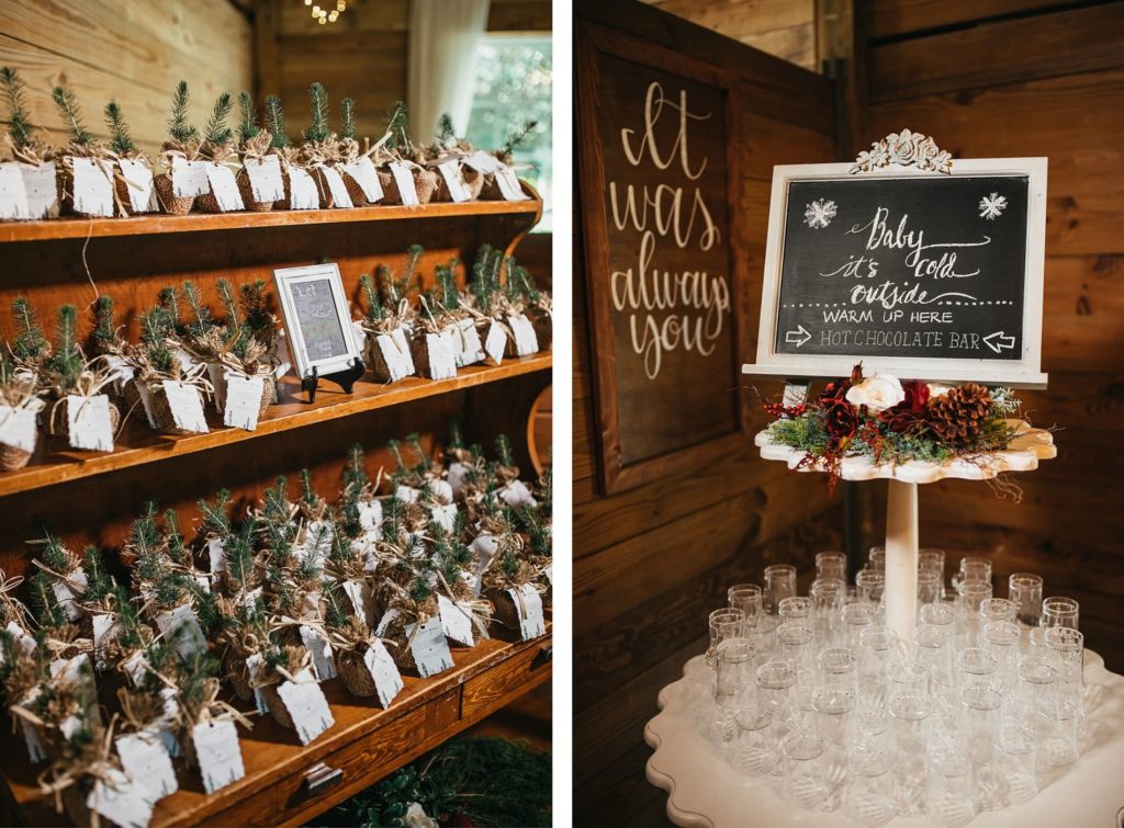 Rustic Country Fall Winter Wedding Favors Pine Tree Seedlings | Hot Chocolate Bar Cocoa Chalkboard Sign