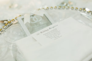 Classic Wedding Reception Program in White Linen on Gold Beaded Charger | Tampa Bay Wedding Stationery URBANcoast