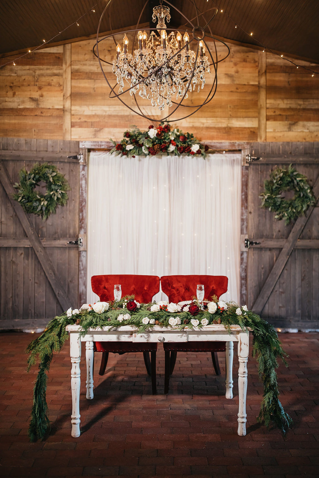 Florida Rustic Country Fall Winter Barn Wedding | Farm Greenery Garland Red Roses White Wreath Christmas Inspired Wedding Decor