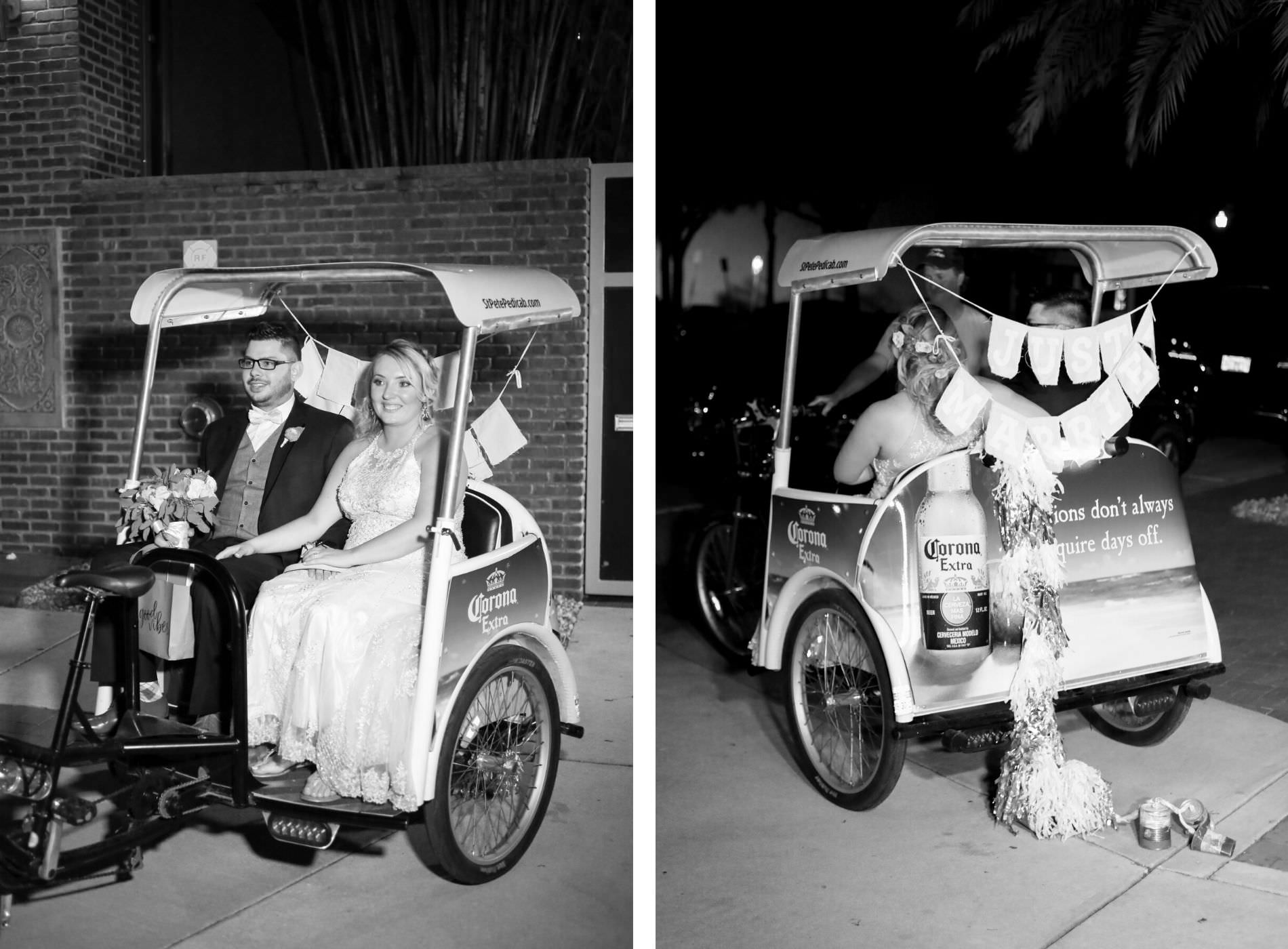 Black and White Photo of Florida Bride and Groom with Unique Wedding Exit