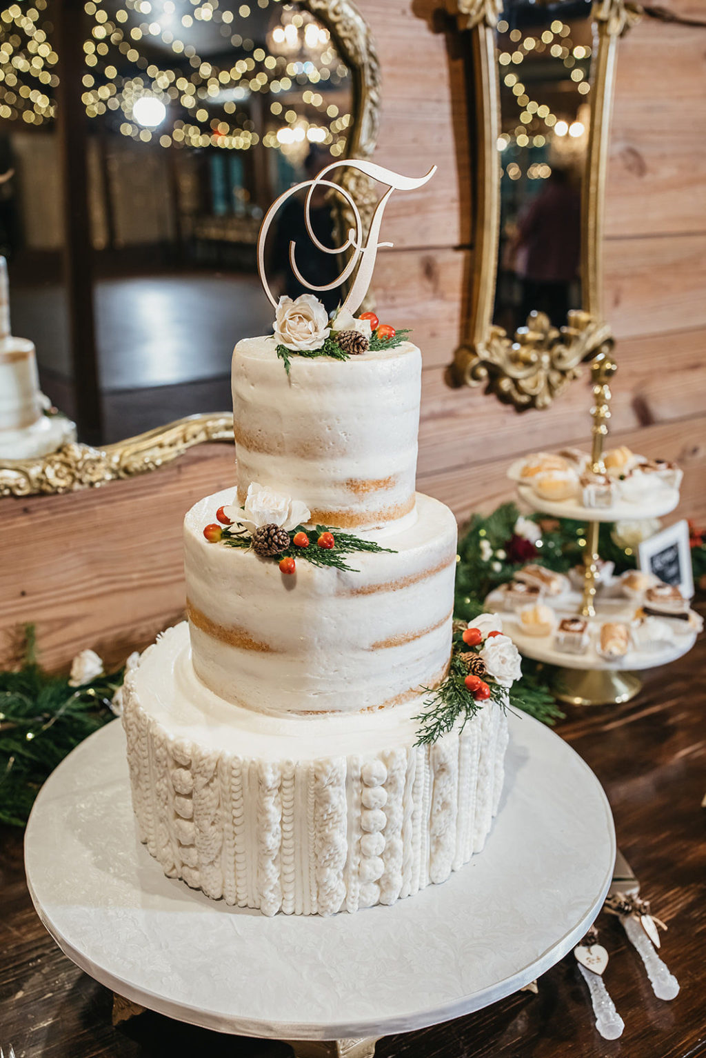 Rustic Country Wedding Dessert Barrel Wood Table with Semi Naked Cake Buttercream Knit Gold Monogram | Tampa Wedding Cakes and Desserts by Alessi Bakeries