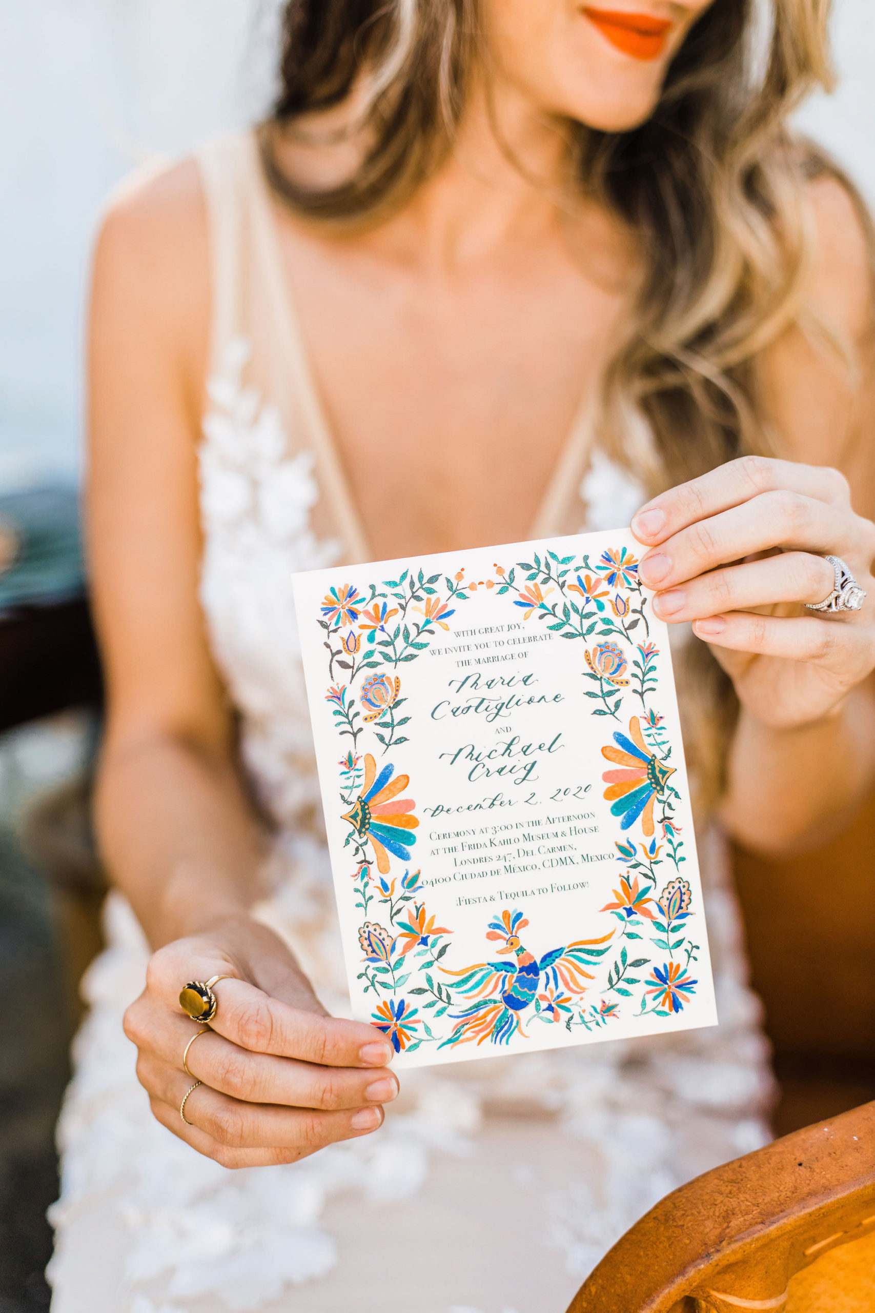 Mexican Inspired Colorful Wedding Invitation Portrait with Bride