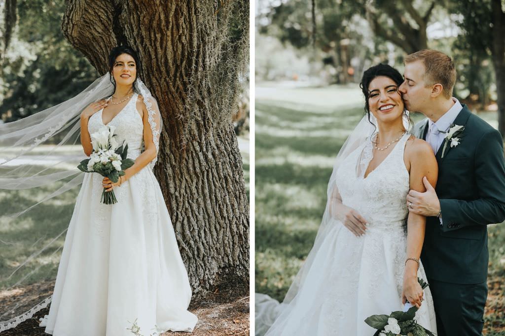 Florida Bride and Groom Wedding Portraits in Dunedin, Holding Greenery Inspired Bridal Bouquet with White Flowers, Wearing David's Bridal Halter Top A Line Wedding Dress | Tampa Bay Wedding Florist Brides N Blooms