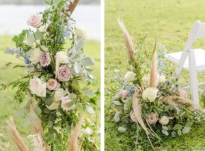Whimsical Inspired Florida Wedding Ceremony Flowers and Decor, Dusty Rose Florals, Ivory Roses, Light Blue Flowers, Pompous Grass, with Eucalyptus Leaves Greenery