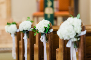 Classic Elegant Wedding Ceremony Decor, White Hydrangea Floral Arrangements on Church Benches
