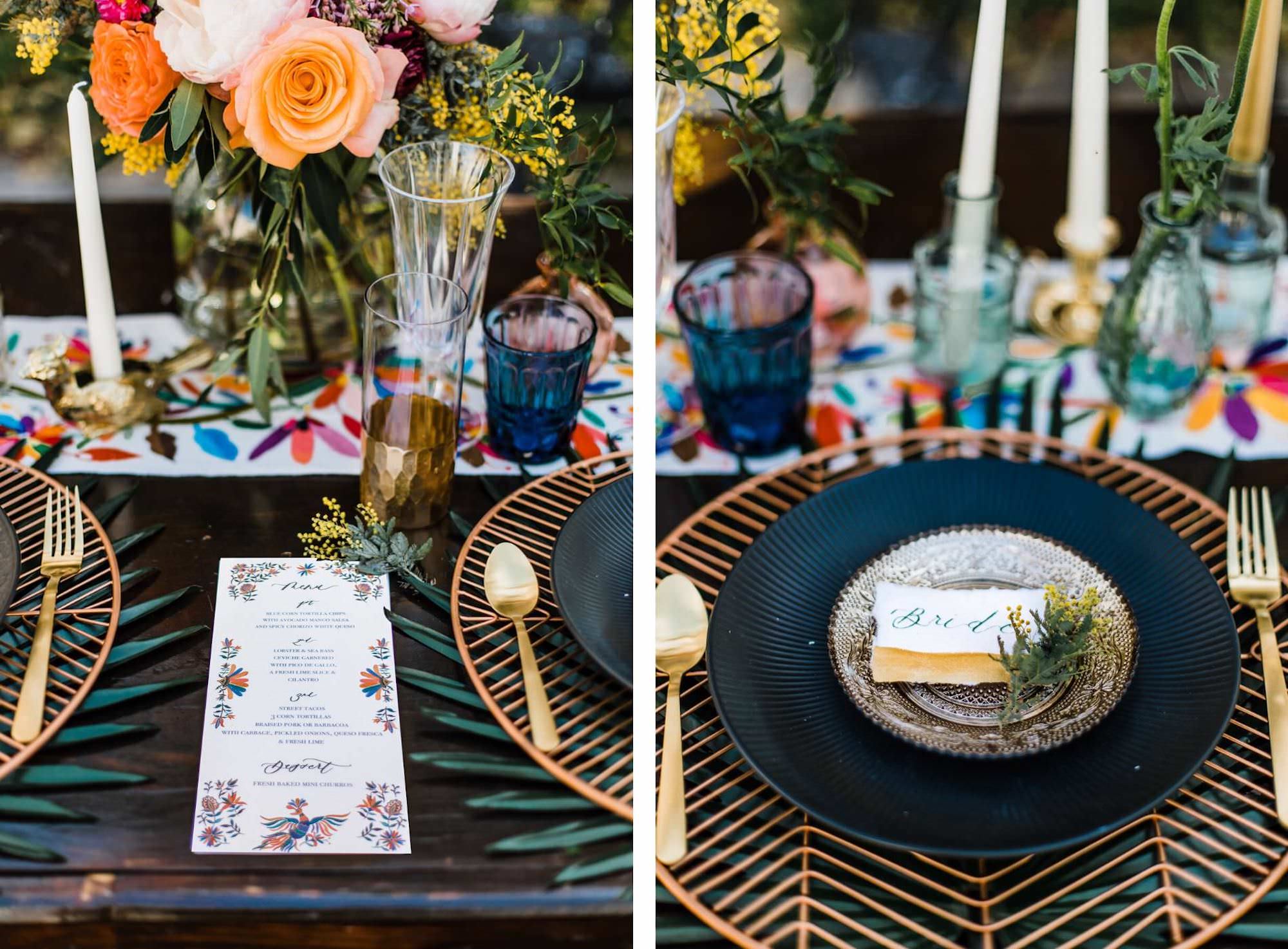 Mexican Inspired Wedding Reception Decor with Modern Geometric Plate Charger with Whimsical Accent Decor