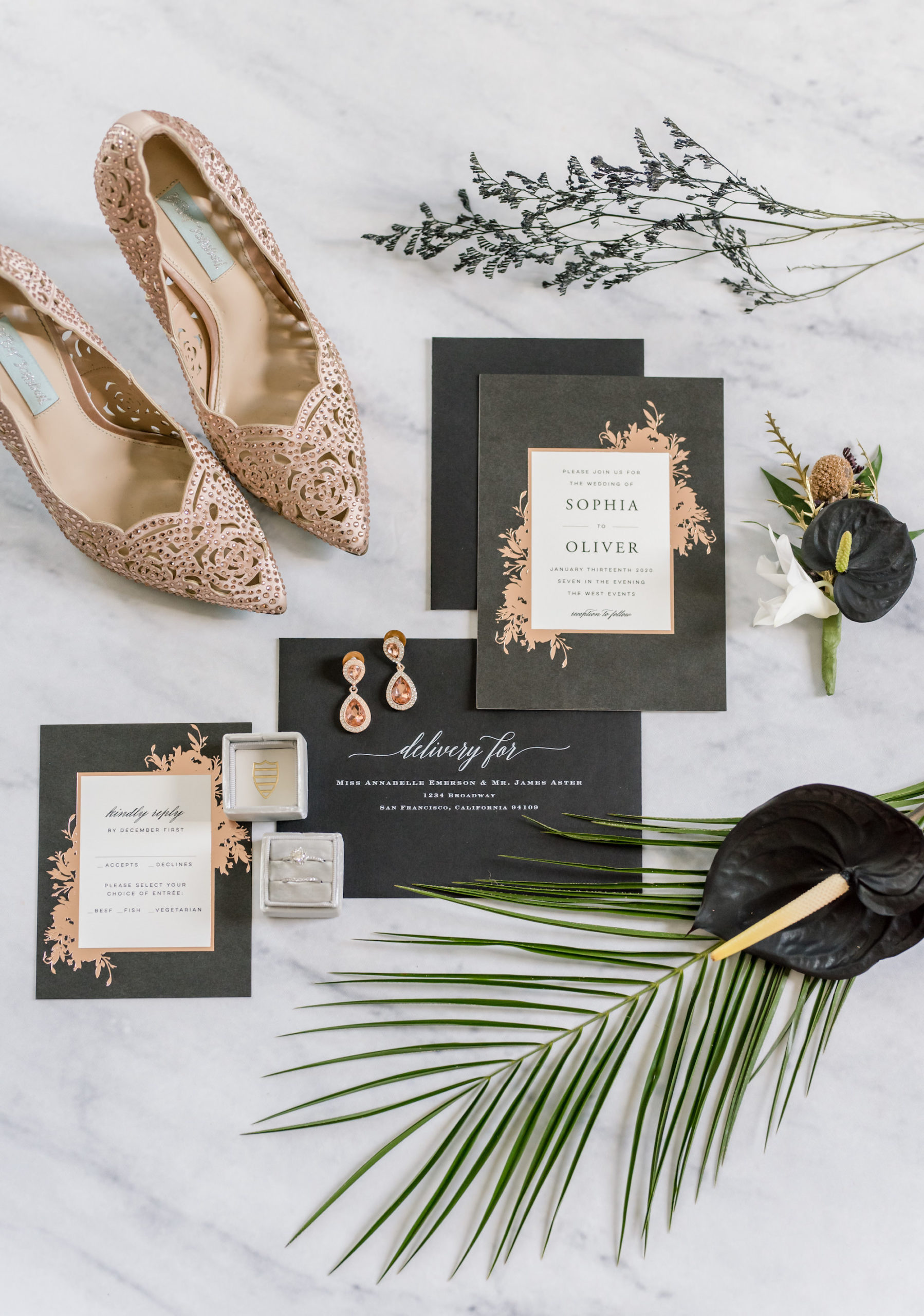 Luxe Romantic Black and Rose Gold Wedding Invitation Suite, Rose Gold Pointed Toe Wedding Shoes | Tampa Bay Wedding Planner Elegant Affairs by Design