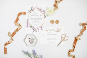 Florida Spring Inspired Wedding Invitation and Stationary Suite with RSVP Card, Mauve, Purple watercolor Floral Design, Gold Geometric Accents | Tampa Bay Wedding Photographer Lifelong Photography Studio | Downtown St. Pete Wedding Planner Blue Skies Weddings and Events