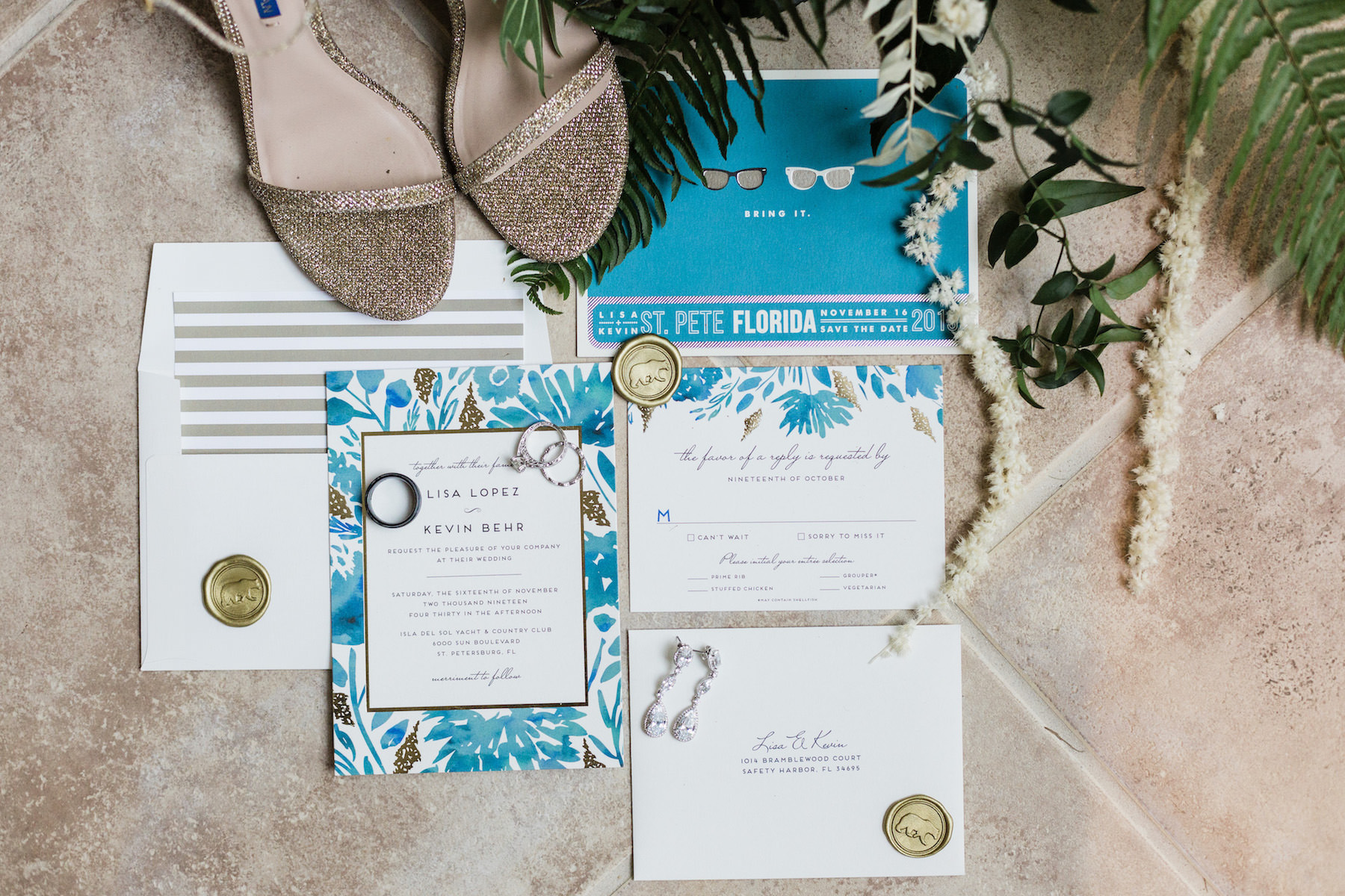 St. Pete Beach Wedding Stationery | Aqua Blue Teal Turquoise Watercolor Wedding Invitation Set with Bear Wax Seals