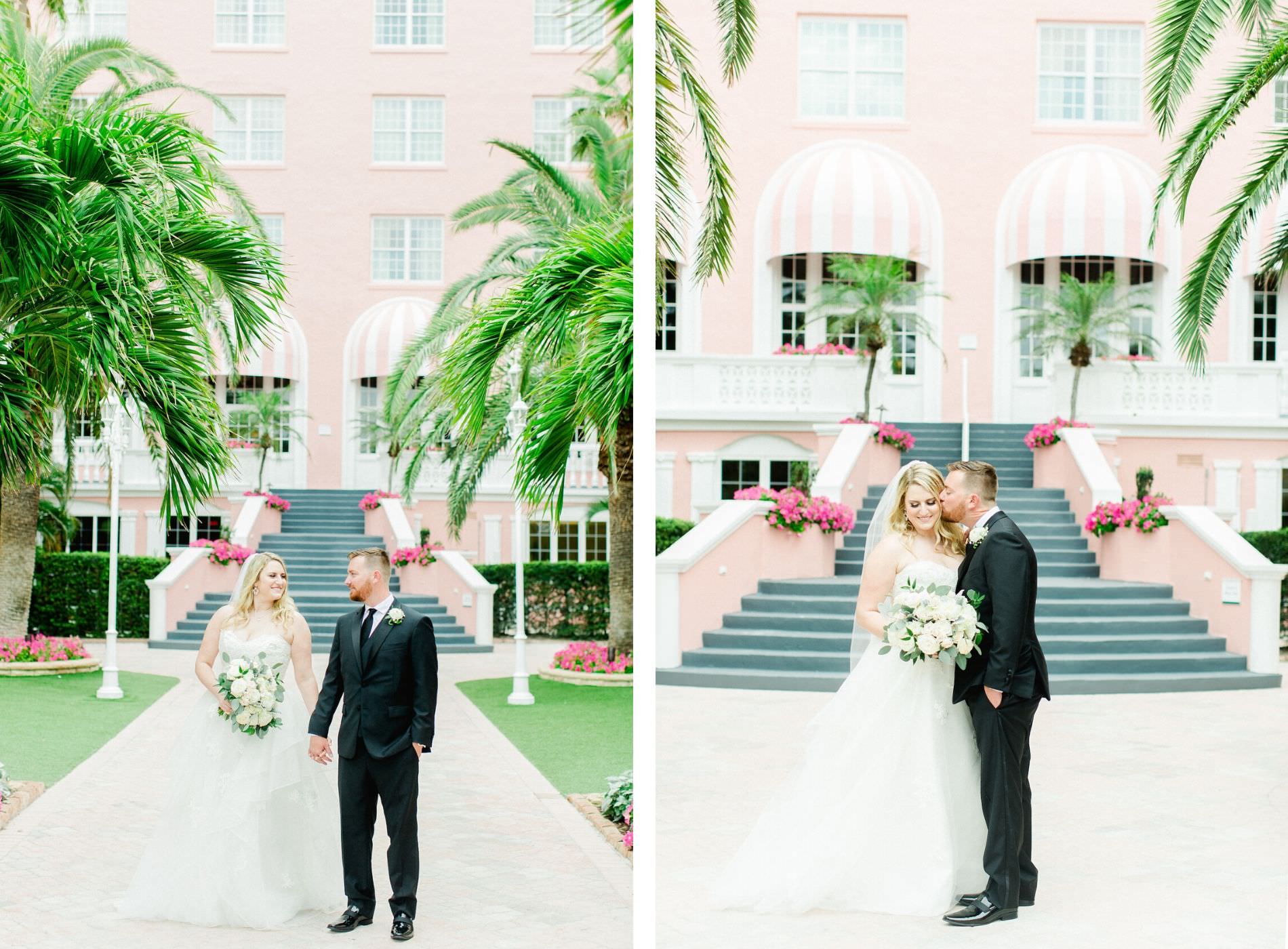 Staircase Wedding Ceremony | Bride and Groom Outdoor Hotel Courtyard Portraits | St Pete Beach Wedding Venue The Don Cesar | Classic Greenery White Flowers Bouquet | Groom Wearing Classic Black Suit Tux