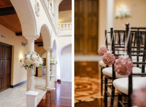 Indoor Ballroom Wedding Ceremony with Black Chiavari Chairs and Blush Pink Dusty Rose Pomander Balls | Tall Wedding Altar Floral Arrangements | Elegant Tampa Bay Wedding Venue Avila Golf & Country Club