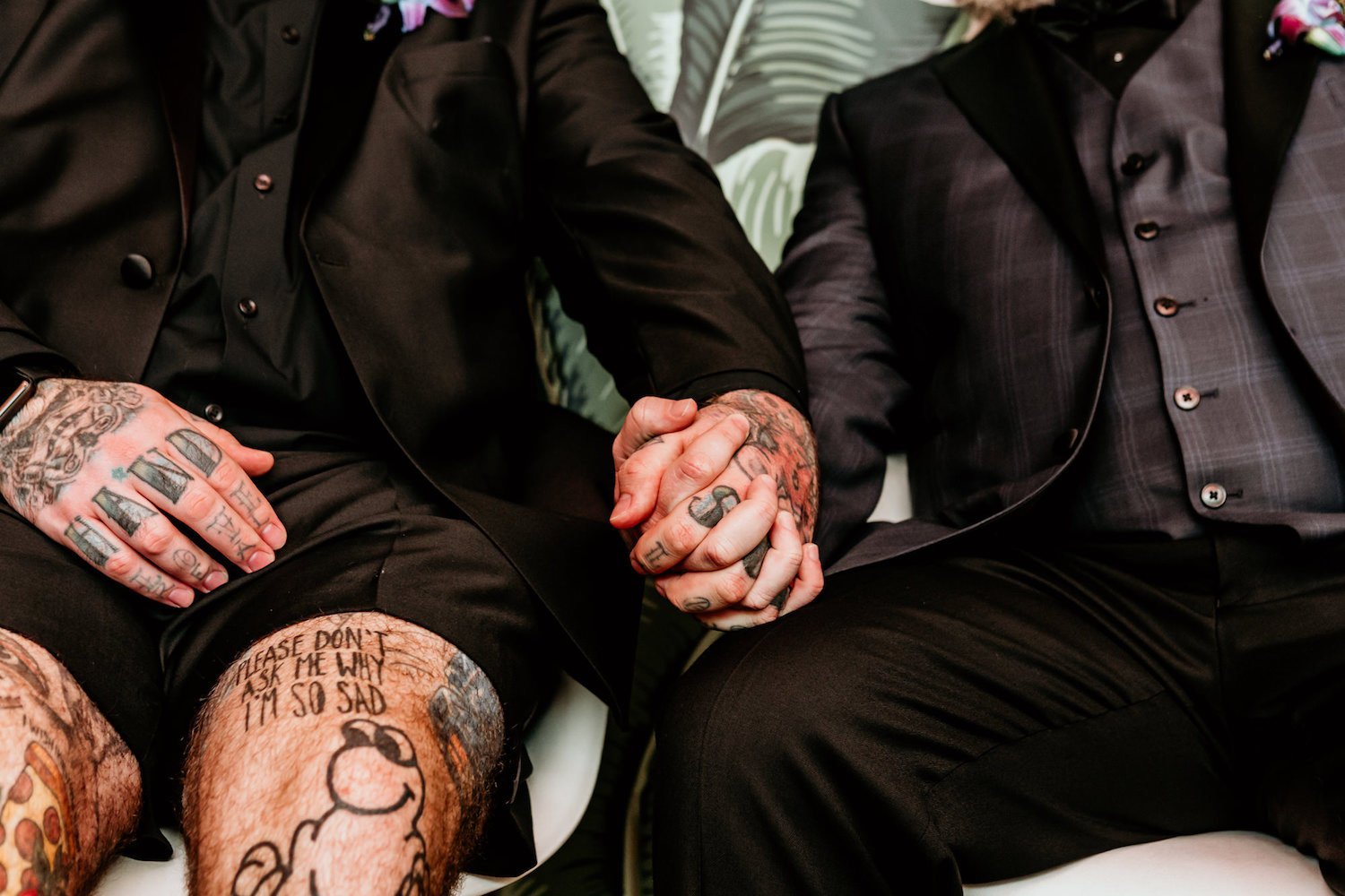 Same Sex Tampa Gay Grooms Holding Hands with Tattoos Wedding Portrait