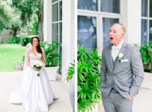 Bride in Romantic Strapless Sweetheart and Rhinestone Bodice Ballgown Skirt Wedding Dress Holding White and Pink Roses Floral Bouquet, Groom in Gray Suit Reaction to First Look Portrait | Tampa Wedding Photographer Shauna and Jordon Photography | Wedding Venue Tampa Garden Club | Wedding Dress Truly Forever Bridal